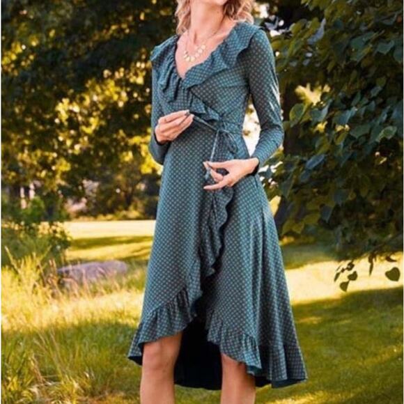 Matilda Jane Dresses & Skirts - Matilda Jane Teal Orange Ruffled Asymmetrical Long Sleeve Wrap Dress Stretchy S